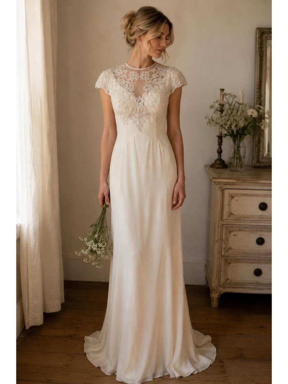 Vintage Ivory Lace Cap-Sleeve Wedding Dress